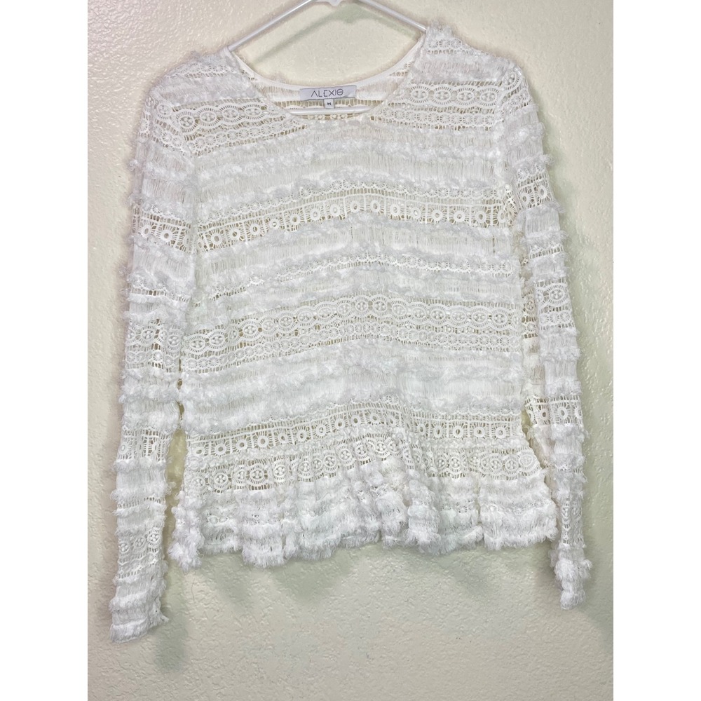 Alexis White Lace Fringe Long Sleeve Top Textured Boho Romantic Blouse Medium